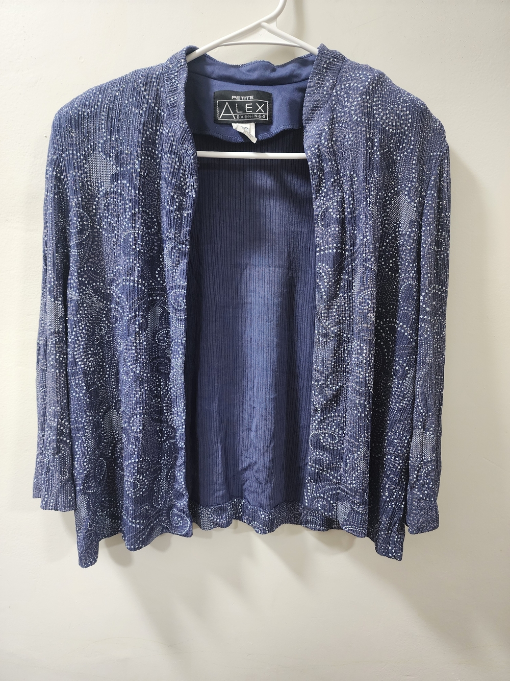 Alex Evenings Petite Blue Metallic Swirl Open-Front Jacket Shrug Size 16P